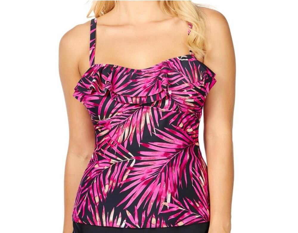 Island Escape Tankini Swimsuit Top Women's 6 Palm Print Ruffle Adjustable Straps
